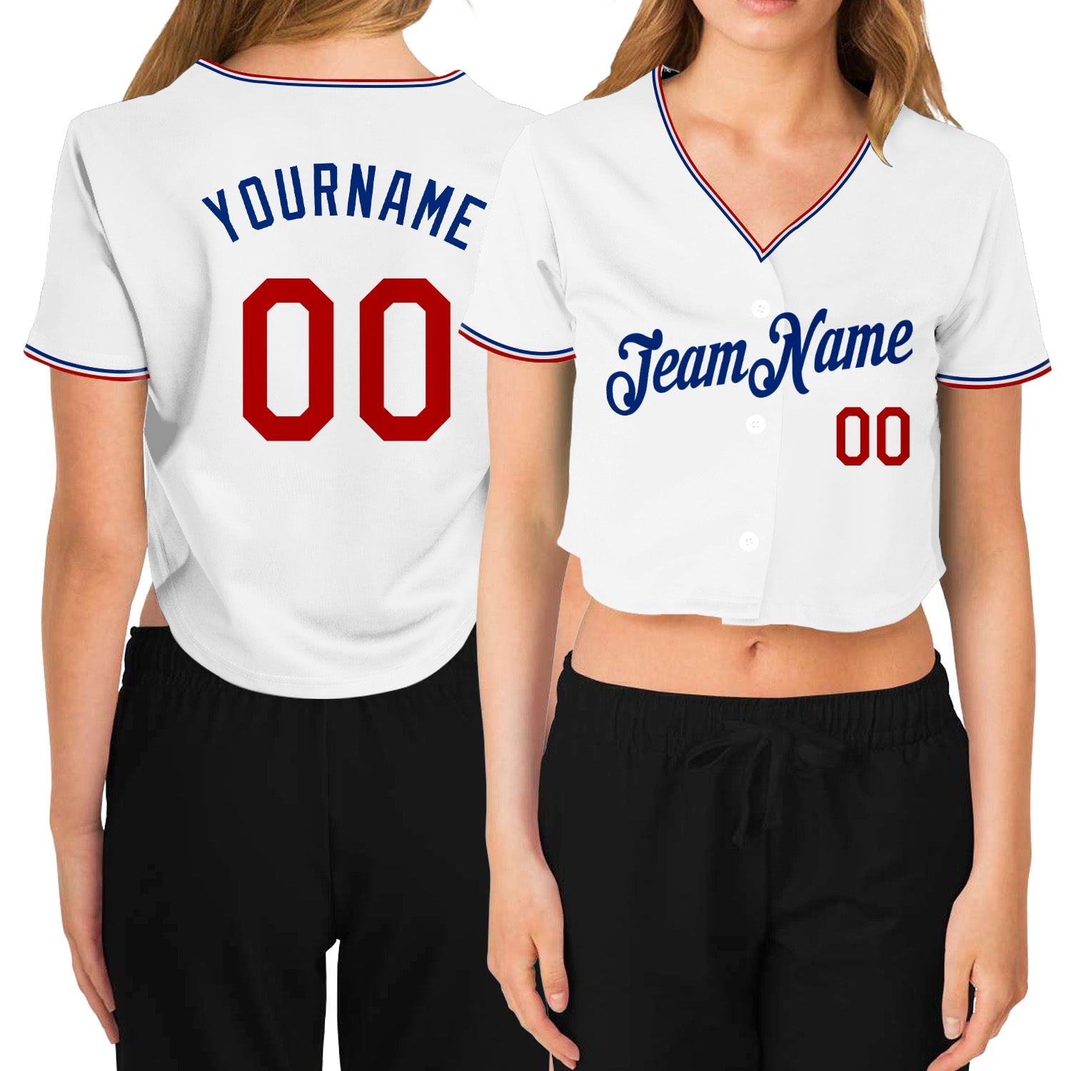 Custom Women's White Red-Royal V-Neck Cropped Baseball Jersey - Sky-Custom