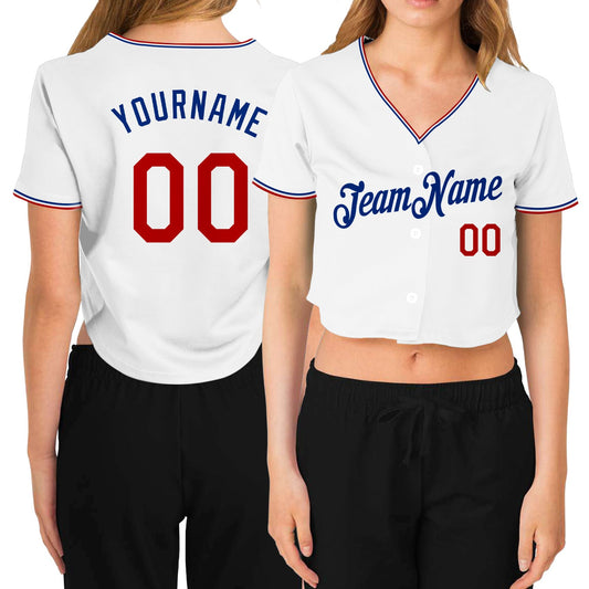 Custom Women's White Red-Royal V-Neck Cropped Baseball Jersey - Sky-Custom