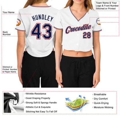 Custom Women's White Navy-Red V-Neck Cropped Baseball Jersey - Sky-Custom