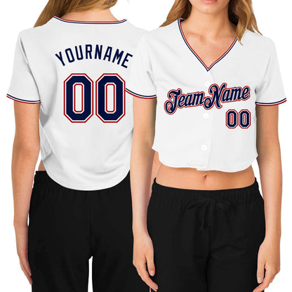 Custom Women's White Navy-Red V-Neck Cropped Baseball Jersey - Sky-Custom