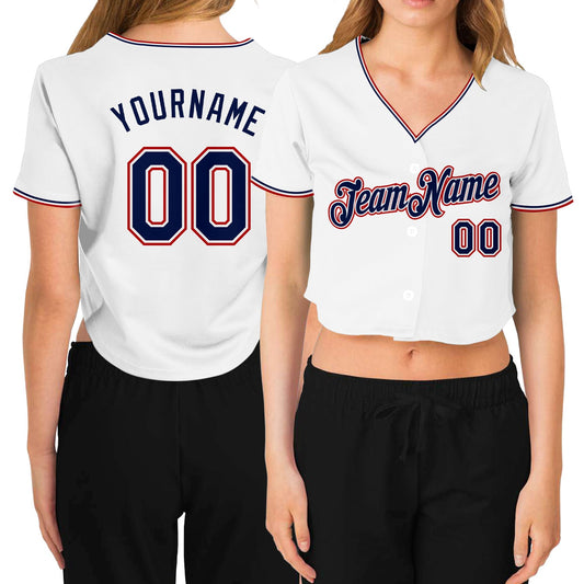 Custom Women's White Navy-Red V-Neck Cropped Baseball Jersey - Sky-Custom