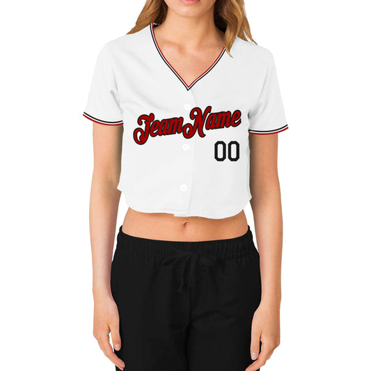 Custom Women's White Red-Black V-Neck Cropped Baseball Jersey - Sky-Custom