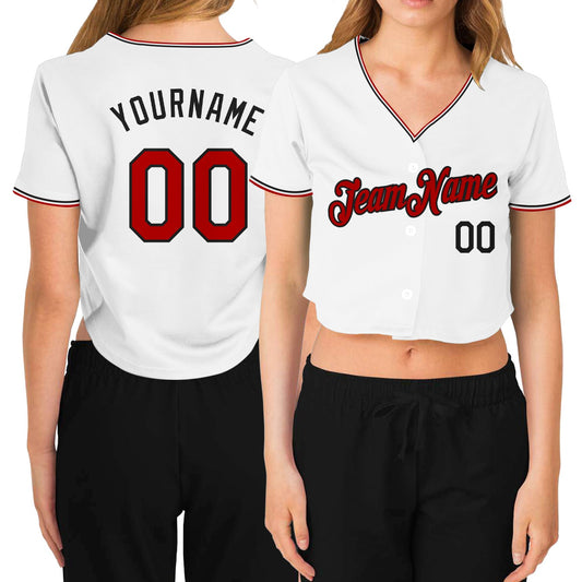 Custom Women's White Red-Black V-Neck Cropped Baseball Jersey - Sky-Custom