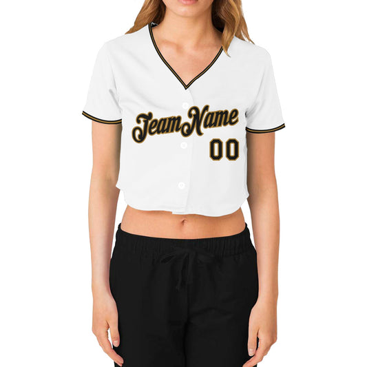 Custom Women's White Black-Old Gold V-Neck Cropped Baseball Jersey - Sky-Custom