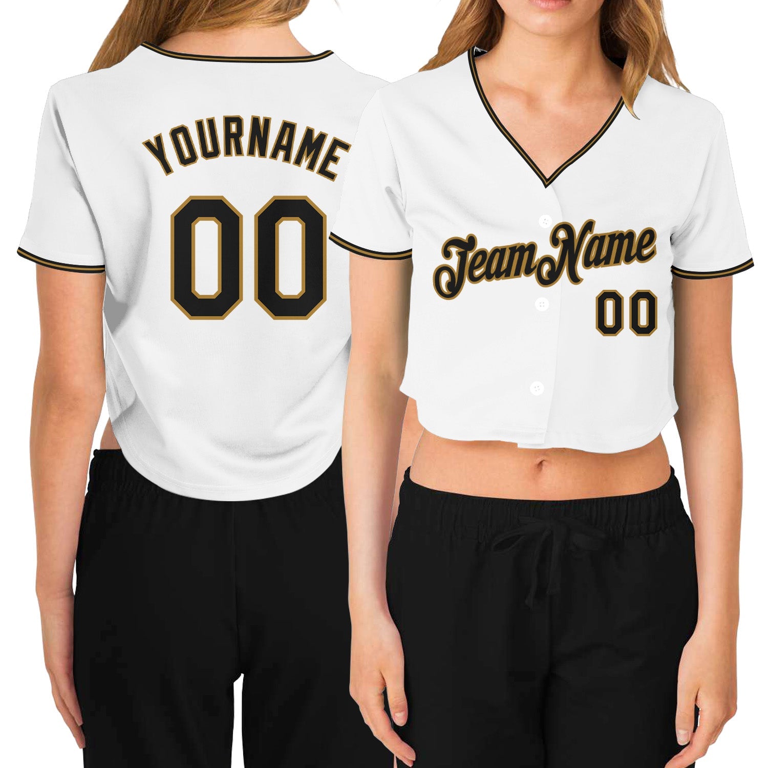 Custom Women's White Black-Old Gold V-Neck Cropped Baseball Jersey - Sky-Custom
