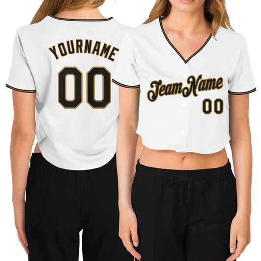 Custom Women's White Black-Old Gold V-Neck Cropped Baseball Jersey - Sky-Custom