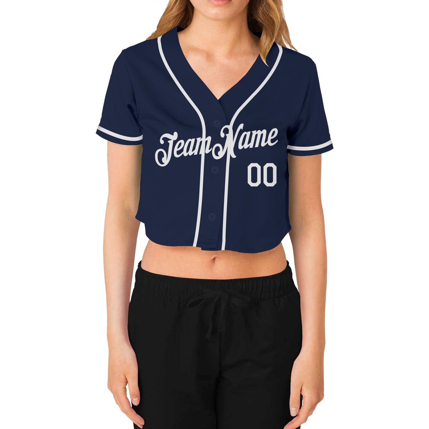 Custom Women's Navy White V-Neck Cropped Baseball Jersey - Sky-Custom