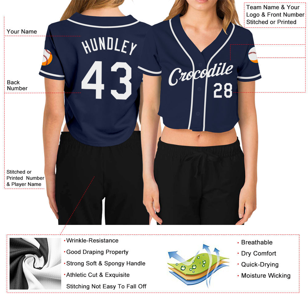 Custom Women's Navy White V-Neck Cropped Baseball Jersey - Sky-Custom
