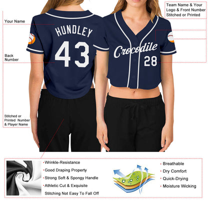 Custom Women's Navy White V-Neck Cropped Baseball Jersey - Sky-Custom