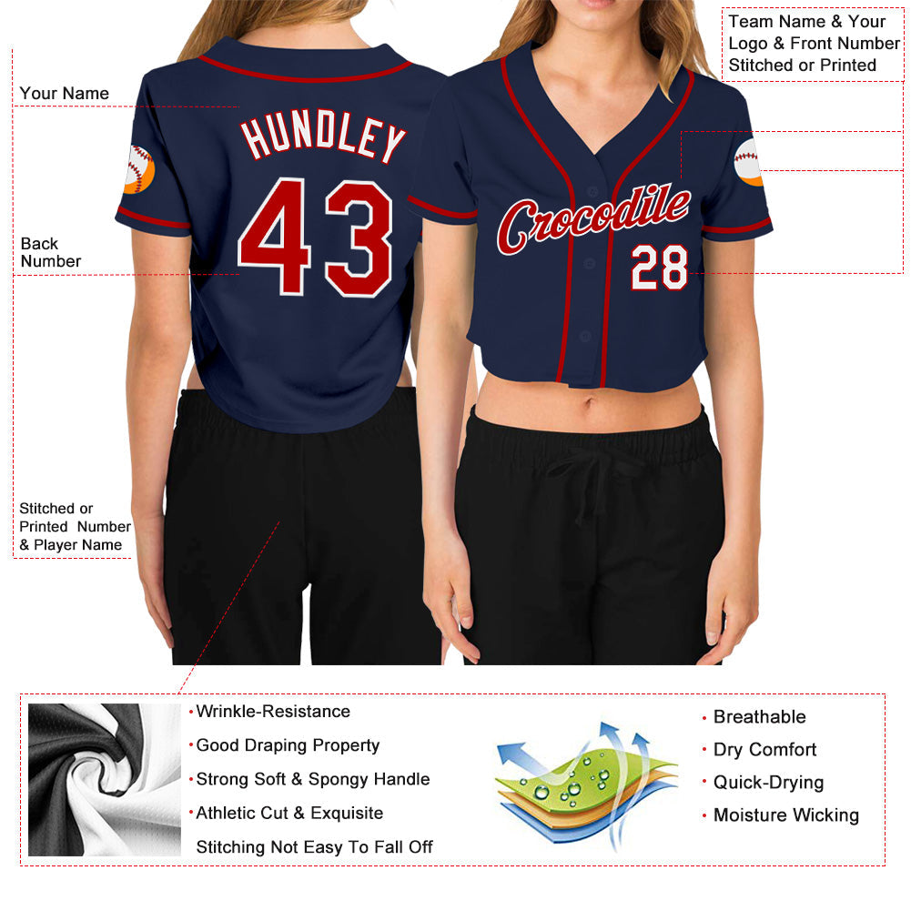 Custom Women's Navy Red-White V-Neck Cropped Baseball Jersey - Sky-Custom