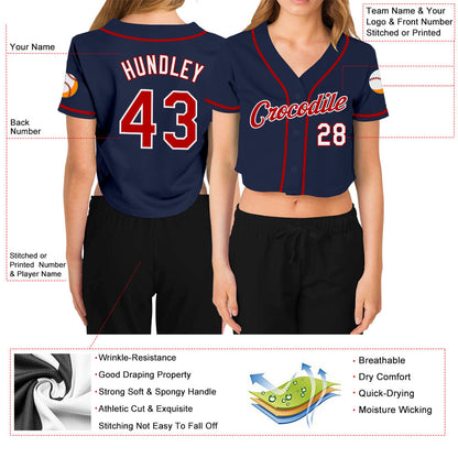 Custom Women's Navy Red-White V-Neck Cropped Baseball Jersey - Sky-Custom
