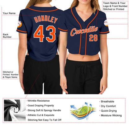 Custom Women's Navy Orange-White V-Neck Cropped Baseball Jersey - Sky-Custom