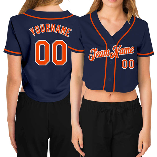 Custom Women's Navy Orange-White V-Neck Cropped Baseball Jersey - Sky-Custom