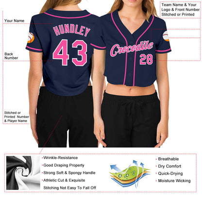 Custom Women's Navy Pink-White V-Neck Cropped Baseball Jersey - Sky-Custom