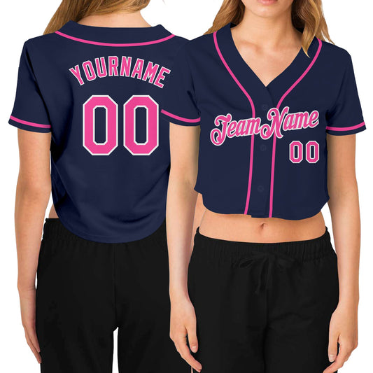 Custom Women's Navy Pink-White V-Neck Cropped Baseball Jersey - Sky-Custom