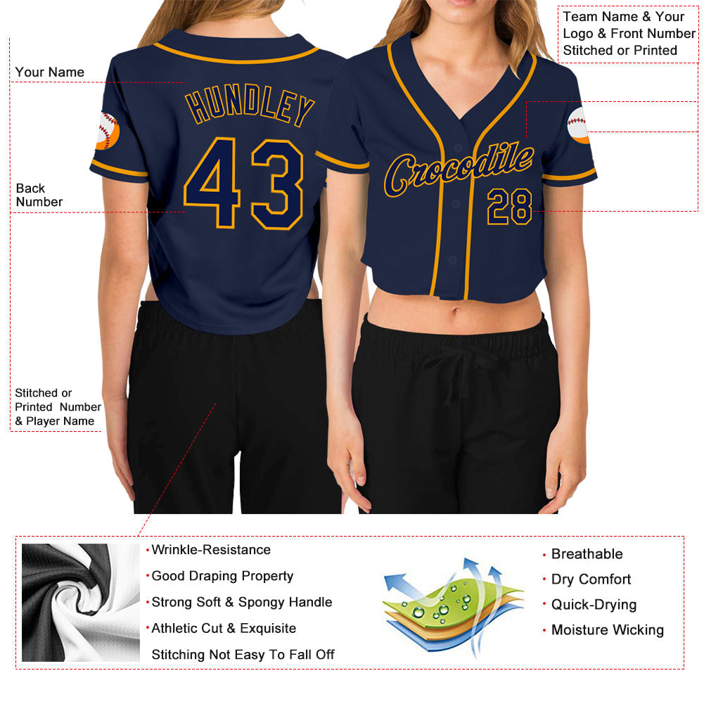 Custom Women's Navy Navy-Gold V-Neck Cropped Baseball Jersey - Sky-Custom