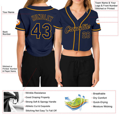 Custom Women's Navy Navy-Gold V-Neck Cropped Baseball Jersey - Sky-Custom