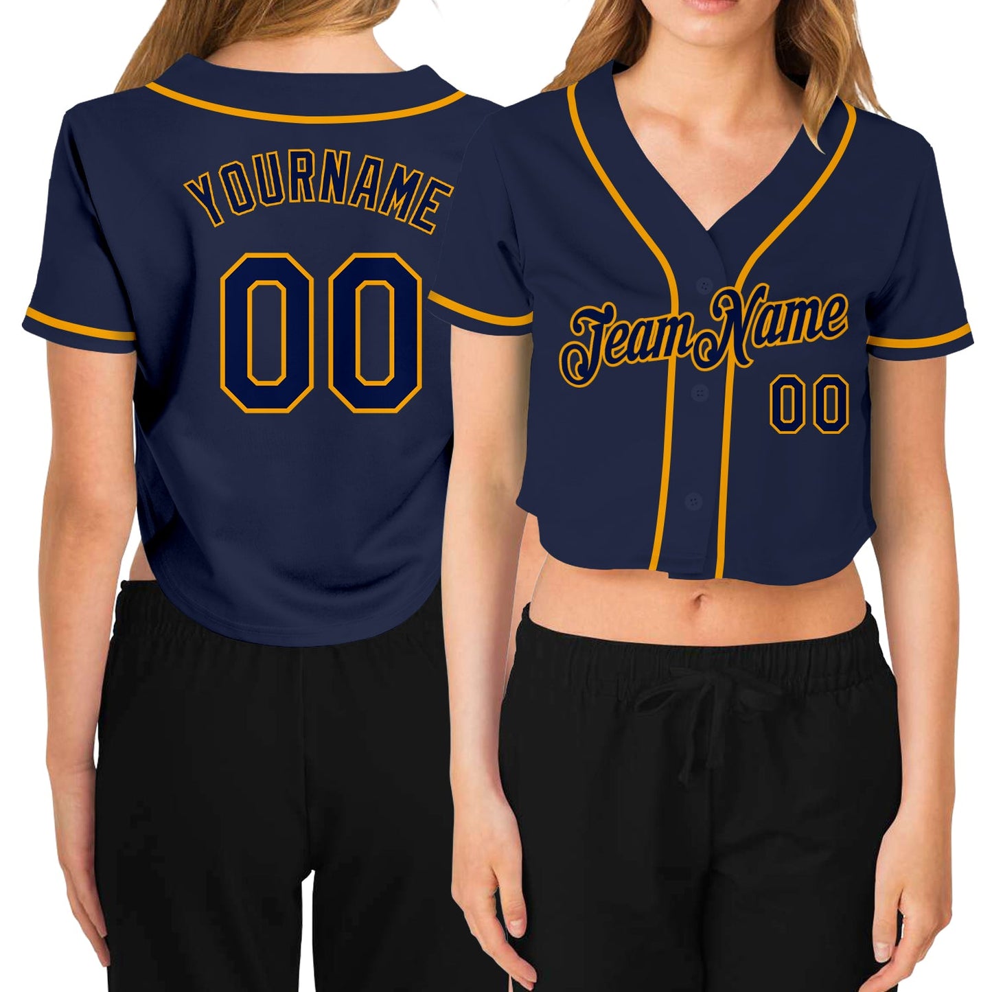 Custom Women's Navy Navy-Gold V-Neck Cropped Baseball Jersey - Sky-Custom