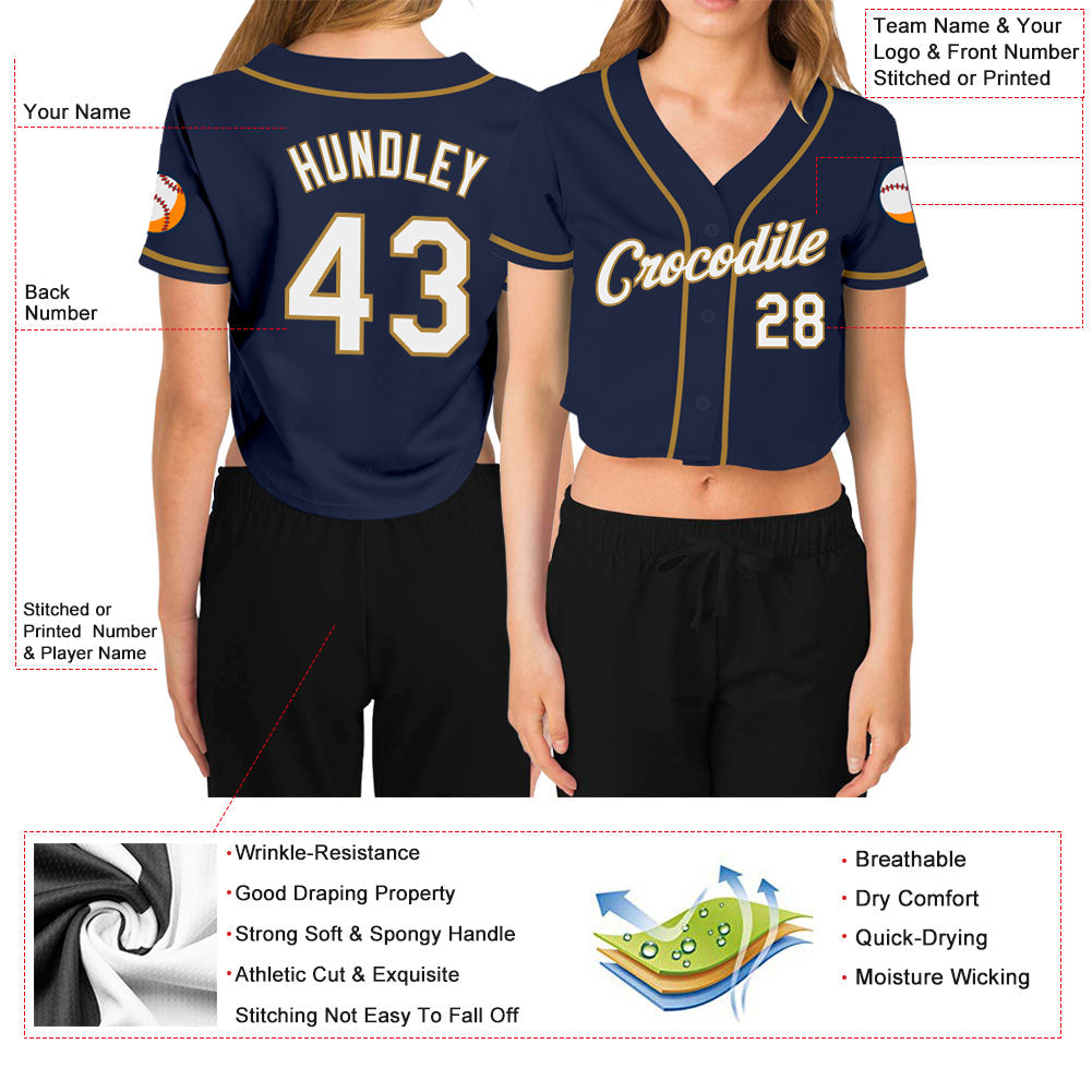 Custom Women's Navy White-Old Gold V-Neck Cropped Baseball Jersey - Sky-Custom