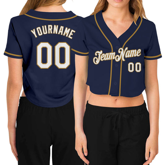 Custom Women's Navy White-Old Gold V-Neck Cropped Baseball Jersey - Sky-Custom