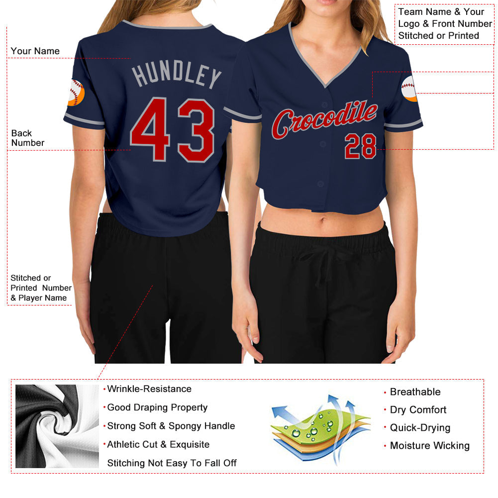 Custom Women's Navy Red-Gray V-Neck Cropped Baseball Jersey - Sky-Custom