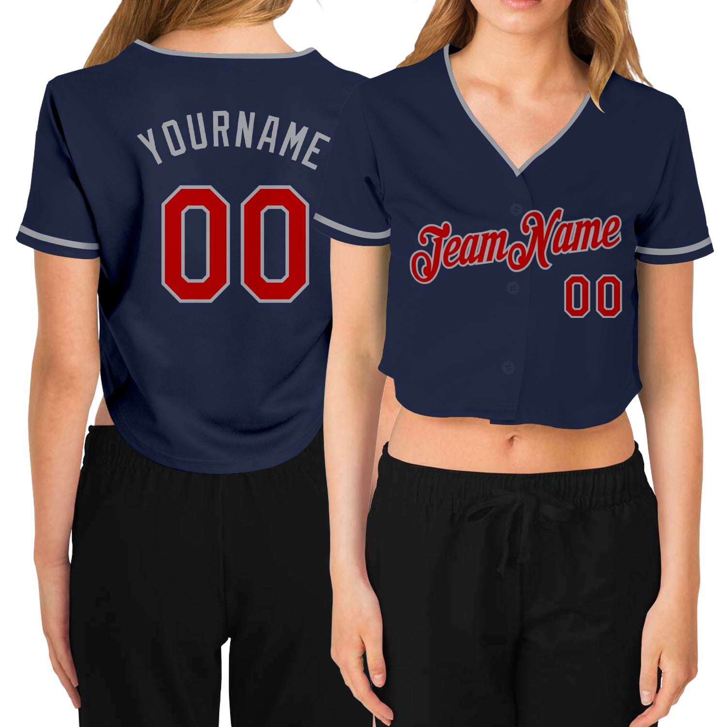 Custom Women's Navy Red-Gray V-Neck Cropped Baseball Jersey - Sky-Custom