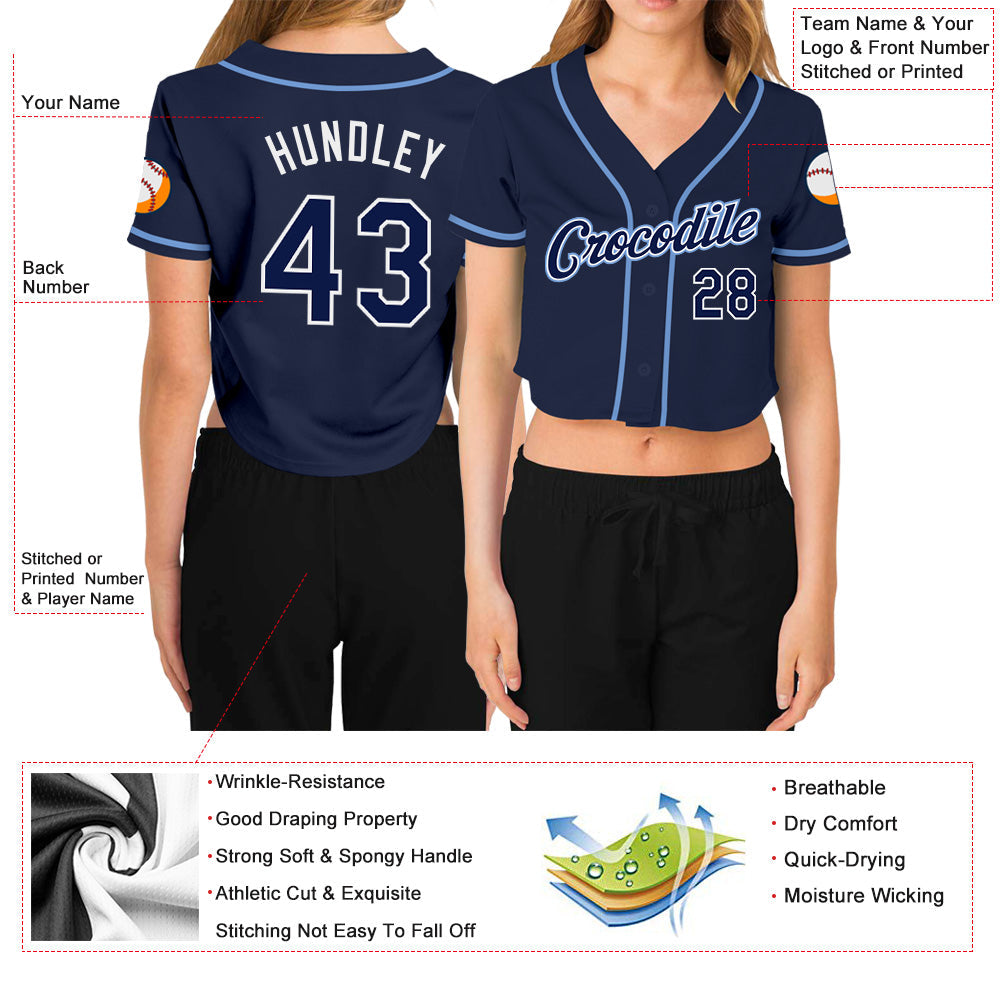 Custom Women's Navy Navy-White V-Neck Cropped Baseball Jersey - Sky-Custom