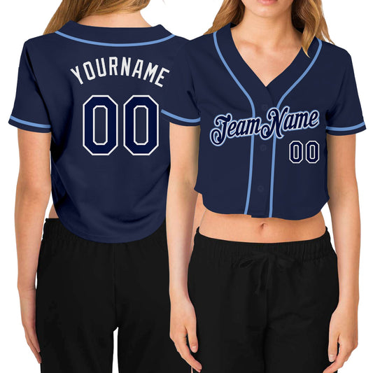Custom Women's Navy Navy-White V-Neck Cropped Baseball Jersey - Sky-Custom