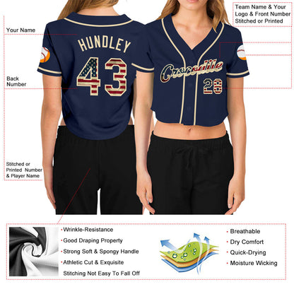 Custom Women's Navy Vintage USA Flag-Cream V-Neck Cropped Baseball Jersey - Sky-Custom
