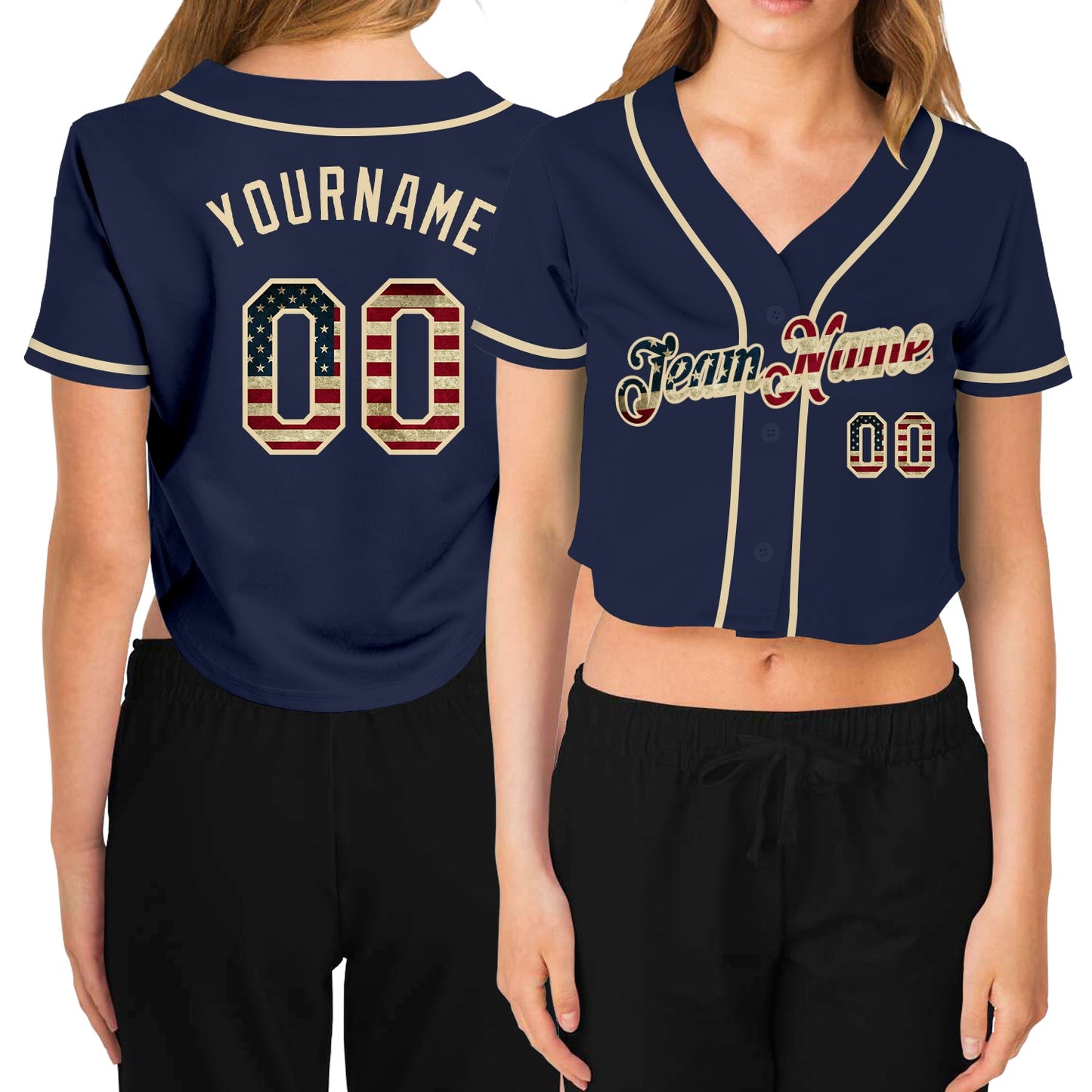 Custom Women's Navy Vintage USA Flag-Cream V-Neck Cropped Baseball Jersey - Sky-Custom