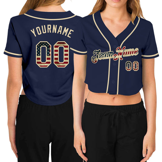 Custom Women's Navy Vintage USA Flag-Cream V-Neck Cropped Baseball Jersey - Sky-Custom