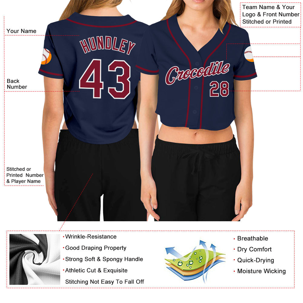 Custom Women's Navy Crimson-White V-Neck Cropped Baseball Jersey - Sky-Custom