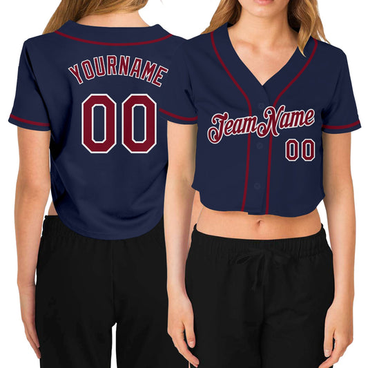 Custom Women's Navy Crimson-White V-Neck Cropped Baseball Jersey - Sky-Custom