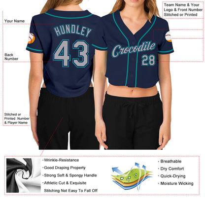 Custom Women's Navy Gray-Aqua V-Neck Cropped Baseball Jersey - Sky-Custom