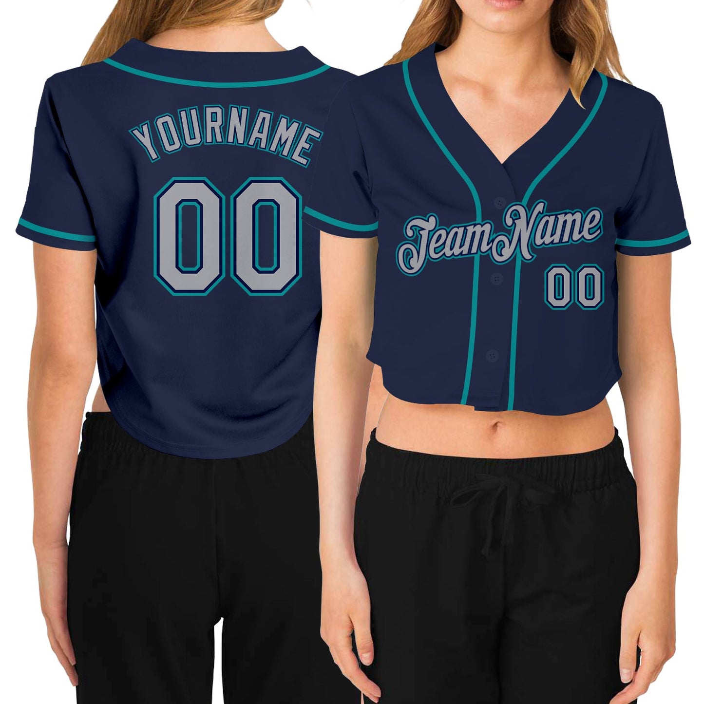 Custom Women's Navy Gray-Aqua V-Neck Cropped Baseball Jersey - Sky-Custom