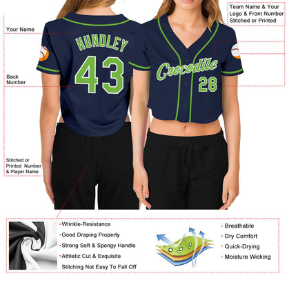 Custom Women's Navy Neon Green-White V-Neck Cropped Baseball Jersey - Sky-Custom