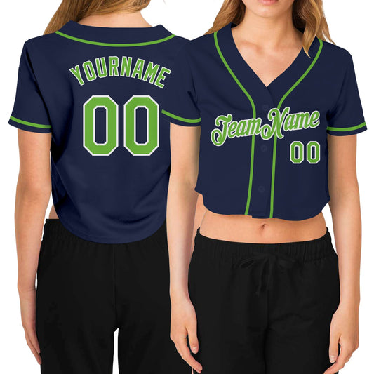 Custom Women's Navy Neon Green-White V-Neck Cropped Baseball Jersey - Sky-Custom
