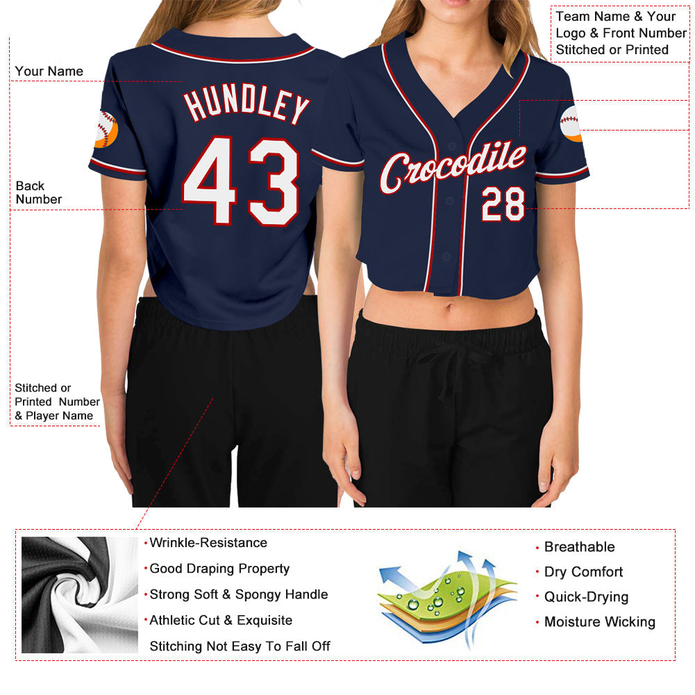 Custom Women's Navy White-Red V-Neck Cropped Baseball Jersey - Sky-Custom