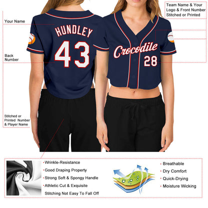 Custom Women's Navy White-Red V-Neck Cropped Baseball Jersey - Sky-Custom