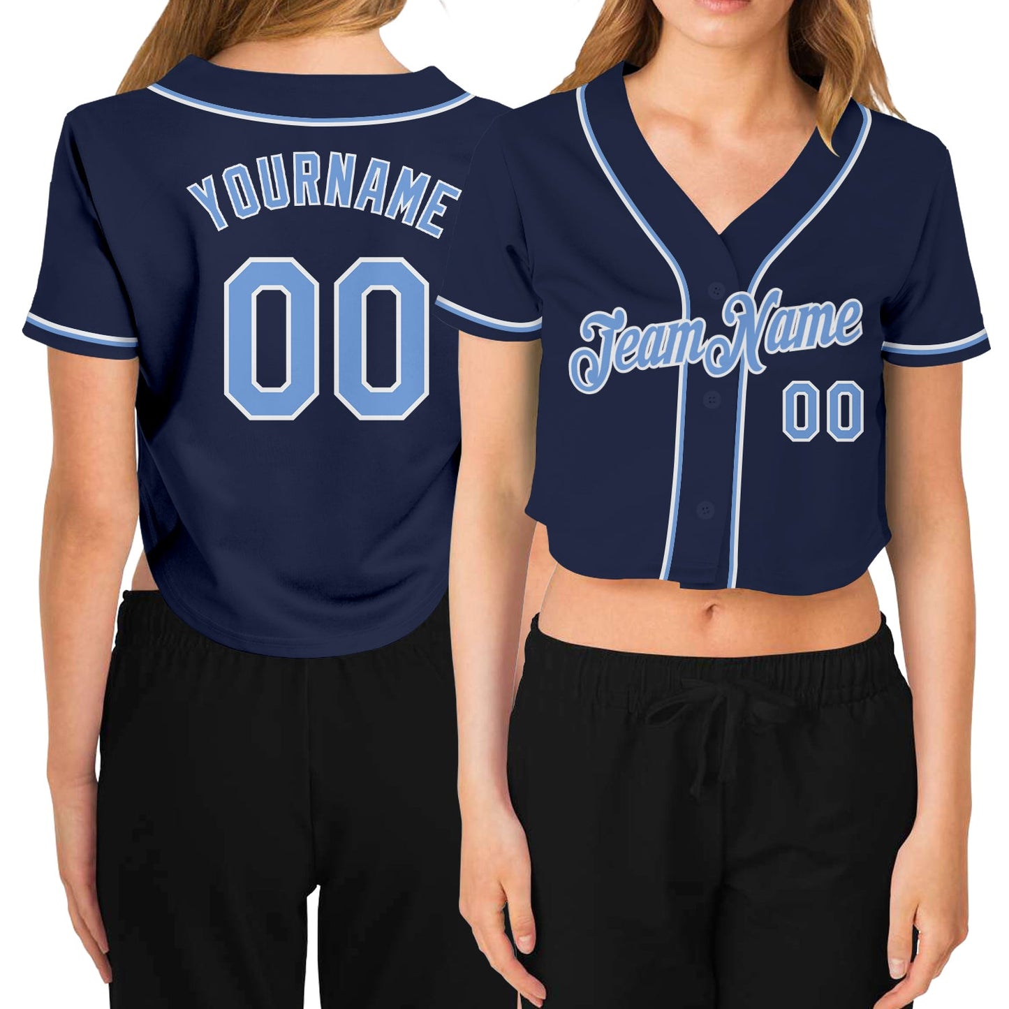 Custom Women's Navy Light Blue-White V-Neck Cropped Baseball Jersey - Sky-Custom