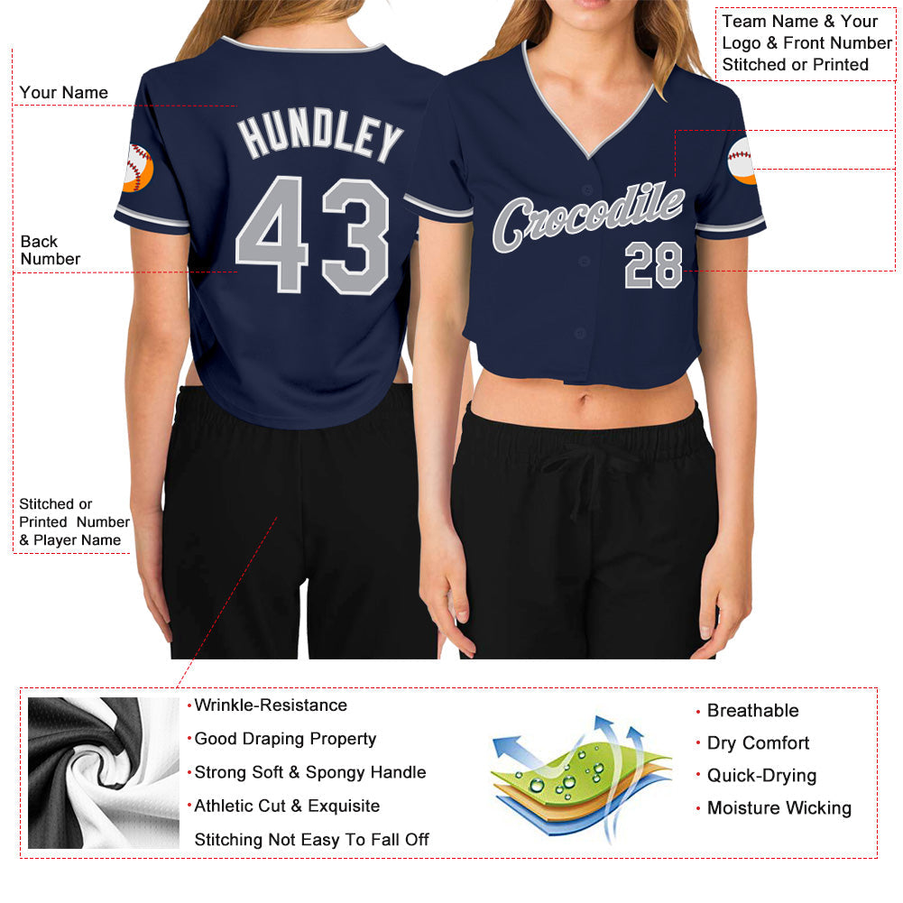 Custom Women's Navy Gray-White V-Neck Cropped Baseball Jersey - Sky-Custom