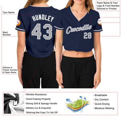 Custom Women's Navy Gray-White V-Neck Cropped Baseball Jersey - Sky-Custom