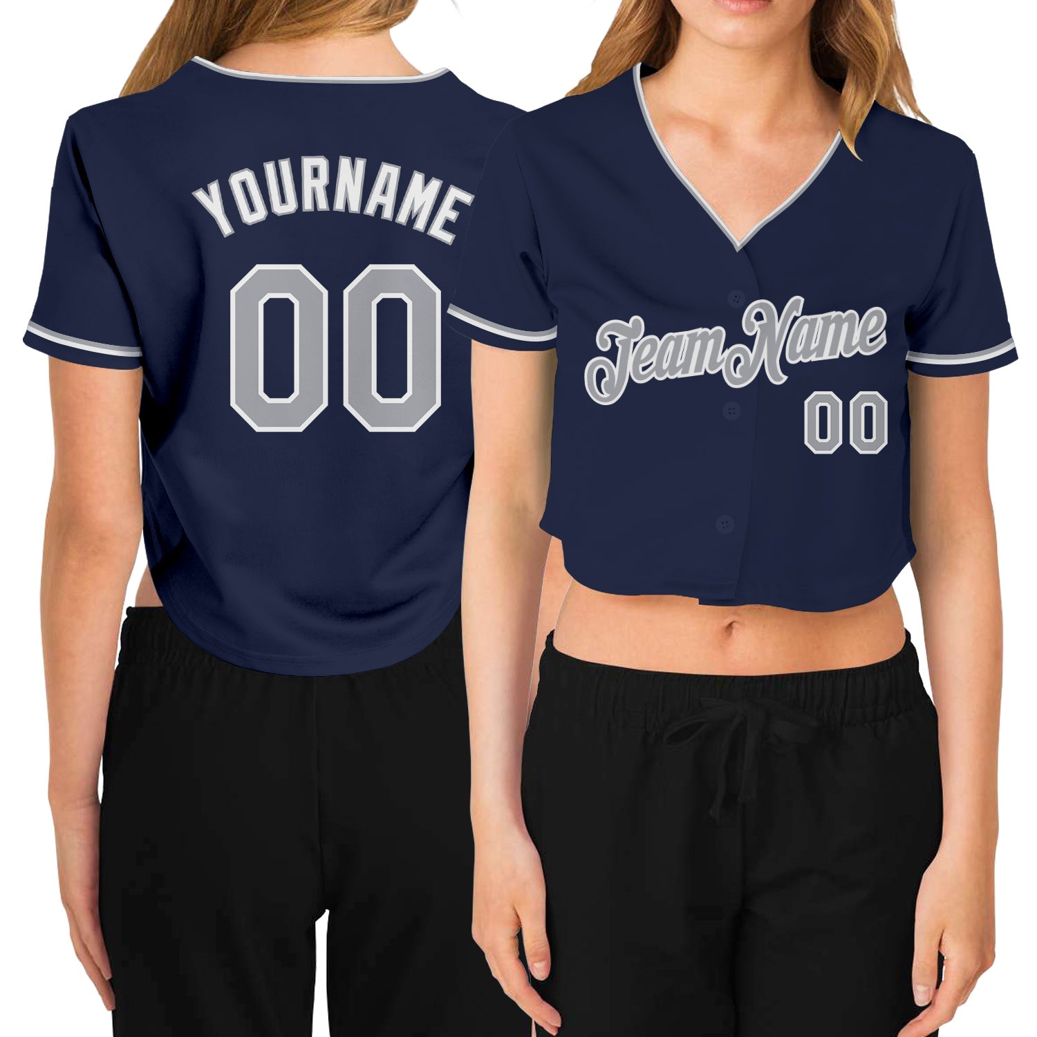 Custom Women's Navy Gray-White V-Neck Cropped Baseball Jersey - Sky-Custom