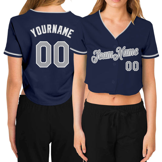 Custom Women's Navy Gray-White V-Neck Cropped Baseball Jersey - Sky-Custom