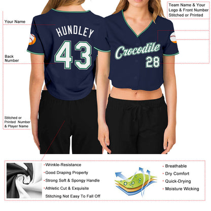 Custom Women's Navy White Kelly Green-Gray V-Neck Cropped Baseball Jersey - Sky-Custom