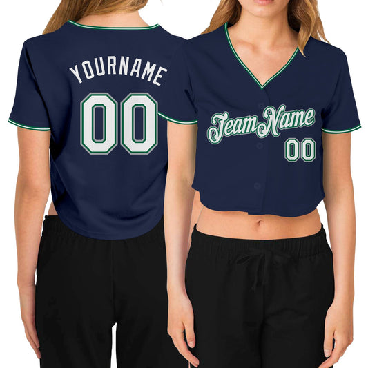 Custom Women's Navy White Kelly Green-Gray V-Neck Cropped Baseball Jersey - Sky-Custom