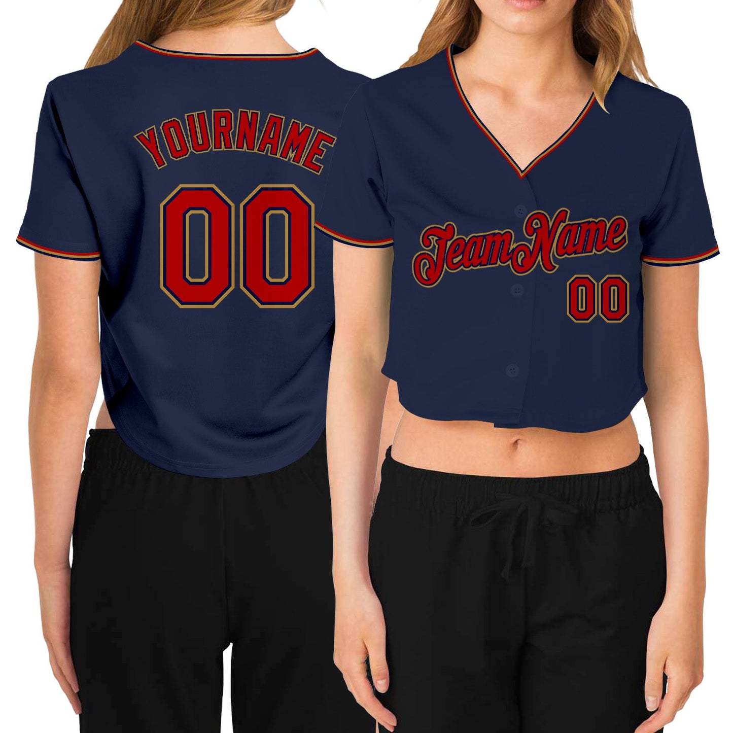 Custom Women's Navy Red-Old Gold V-Neck Cropped Baseball Jersey - Sky-Custom