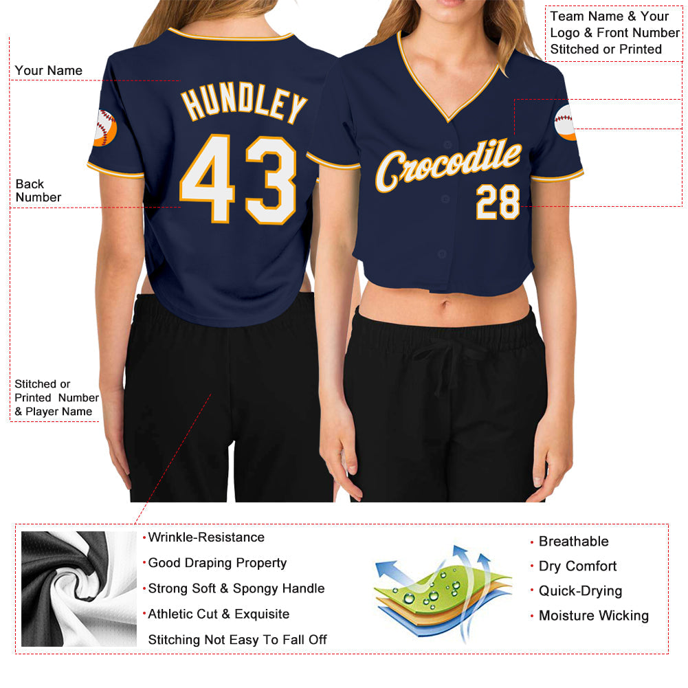 Custom Women's Navy White-Gold V-Neck Cropped Baseball Jersey - Sky-Custom
