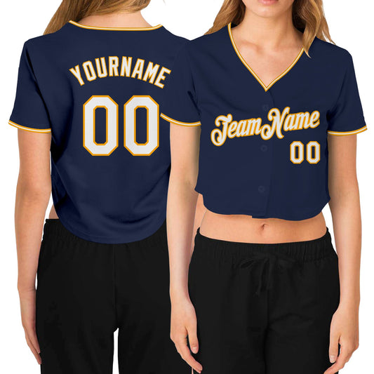 Custom Women's Navy White-Gold V-Neck Cropped Baseball Jersey - Sky-Custom