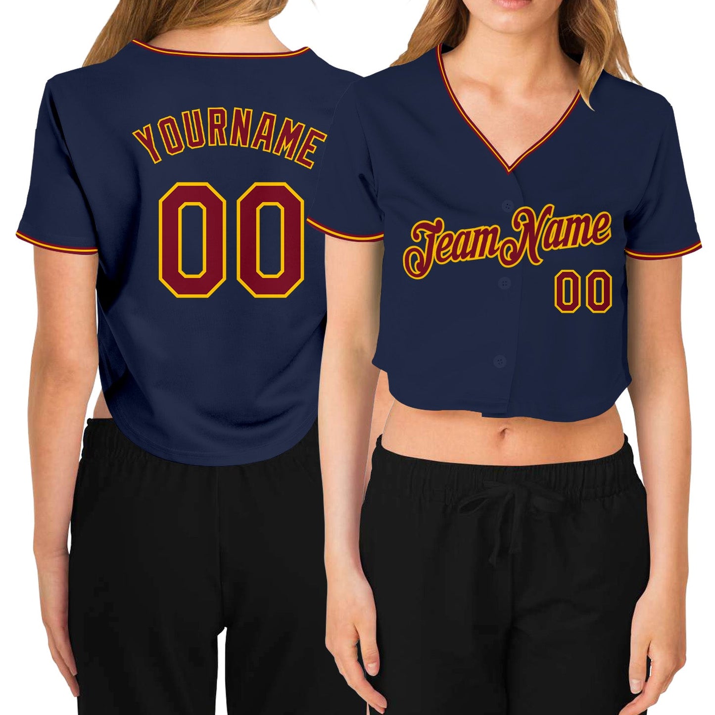 Custom Women's Navy Crimson-Gold V-Neck Cropped Baseball Jersey - Sky-Custom